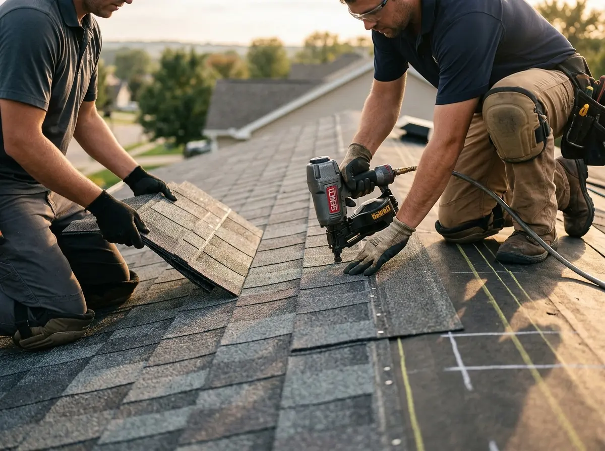 Professional roofer working on a residential roof in Thetford